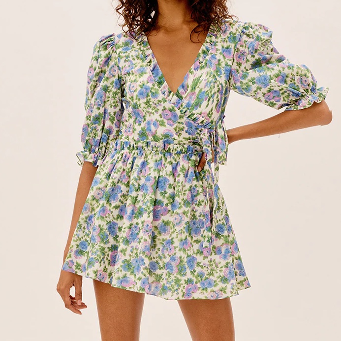 For Love & Lemons Floral Wrap Mini Dress In Blue, Green, Lilac